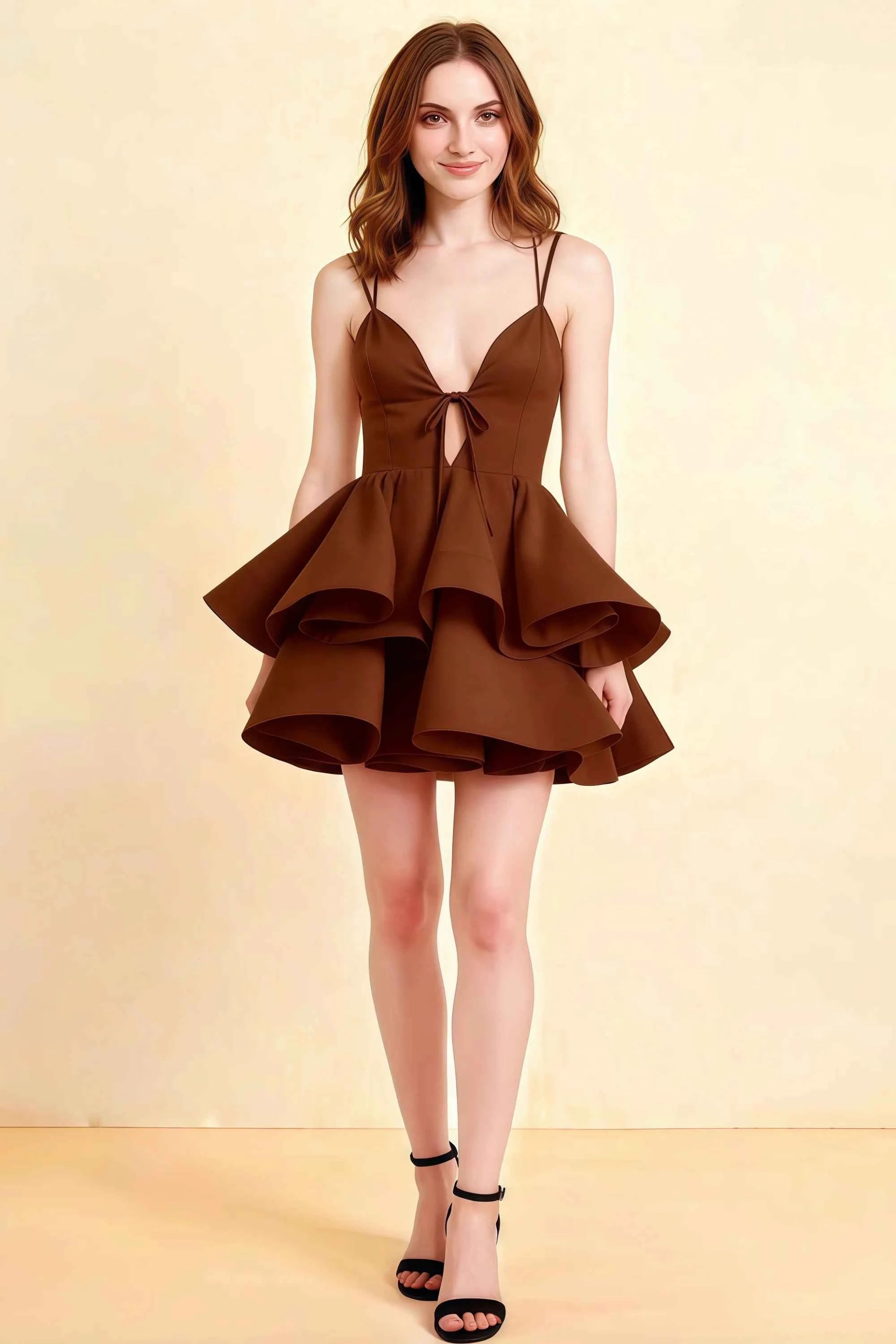LVLVS Brenda Dress Chocolate Linen Look V Neck Spaghetti Strap Mini Ruffle Dress for Cocktail Party Imagen principal del producto