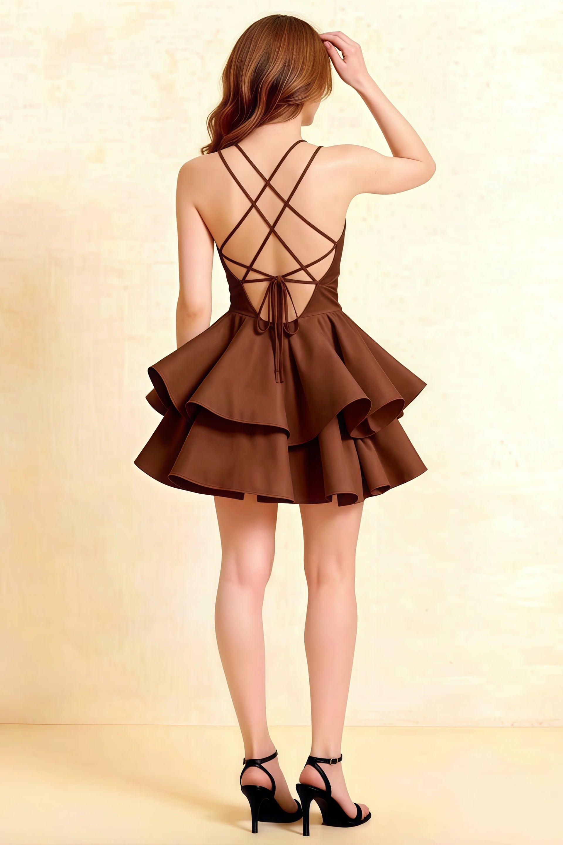 Brenda Chocolate V Neck Spaghetti Strap Mini Ruffle Dress