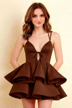 Brenda Chocolate V Neck Spaghetti Strap Mini Ruffle Dress