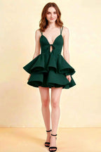 Brenda Emerald Green V Neck Spaghetti Strap Mini Ruffle Dress