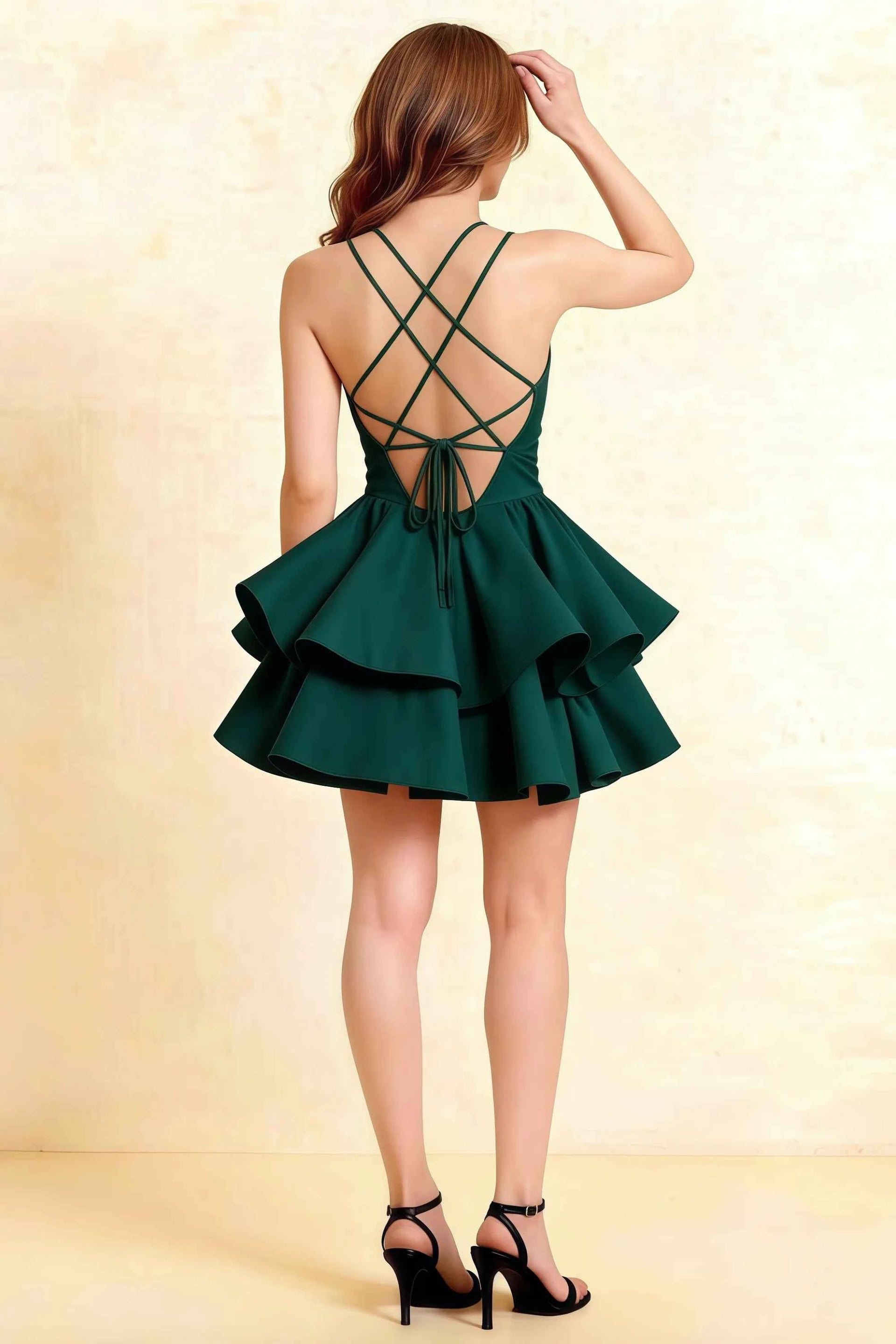 Brenda Emerald Green V Neck Spaghetti Strap Mini Ruffle Dress