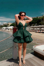 Brenda Emerald Green V Neck Spaghetti Strap Mini Ruffle Dress