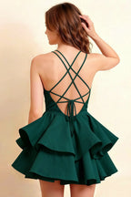Brenda Emerald Green V Neck Spaghetti Strap Mini Ruffle Dress