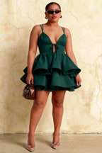 Brenda Emerald Green V Neck Spaghetti Strap Mini Ruffle Dress