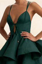 Brenda Emerald Green V Neck Spaghetti Strap Mini Ruffle Dress