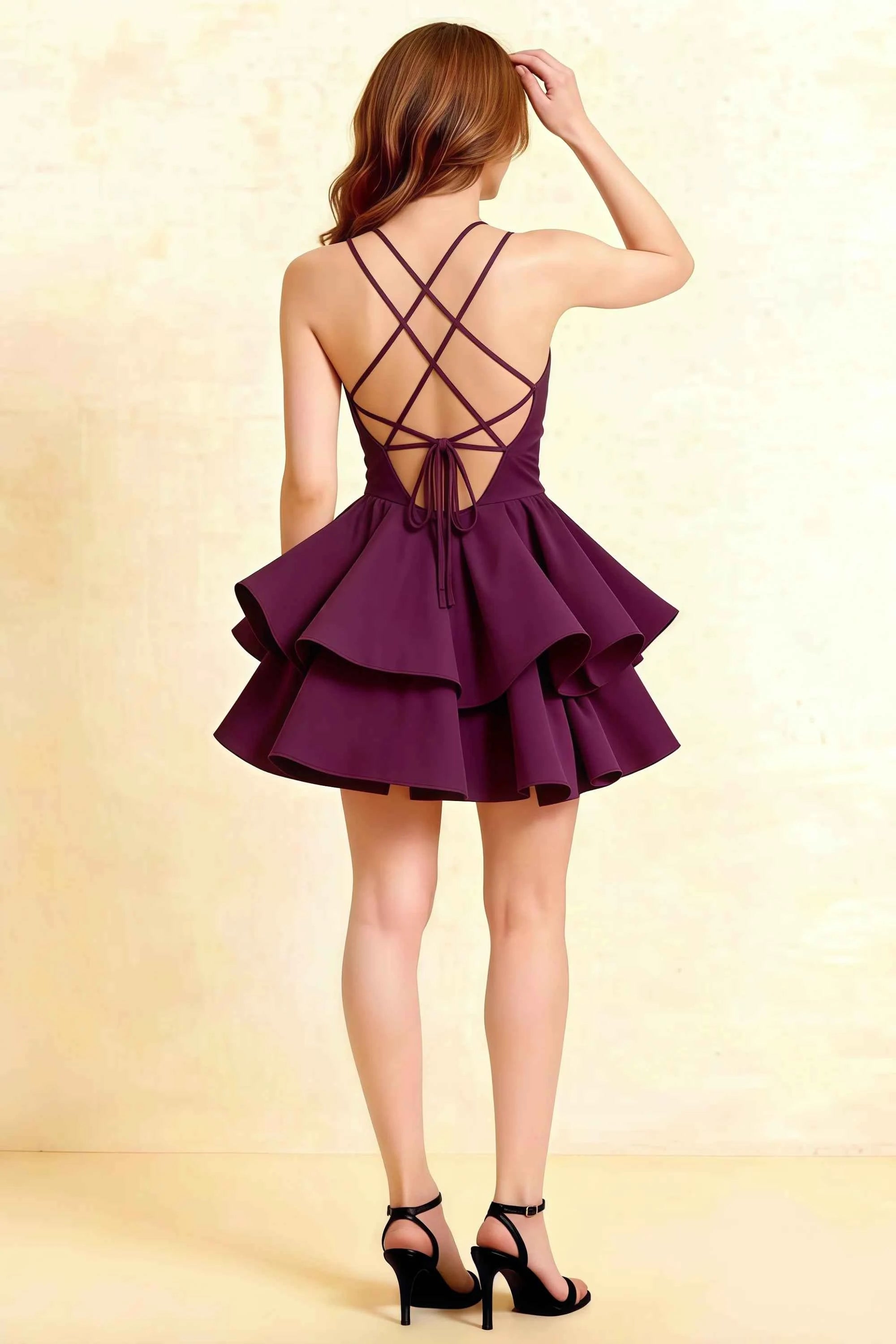 Brenda Grape V Neck Spaghetti Strap Mini Ruffle Dress Imagen secundaria del producto
