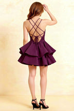 Brenda Grape V Neck Spaghetti Strap Mini Ruffle Dress