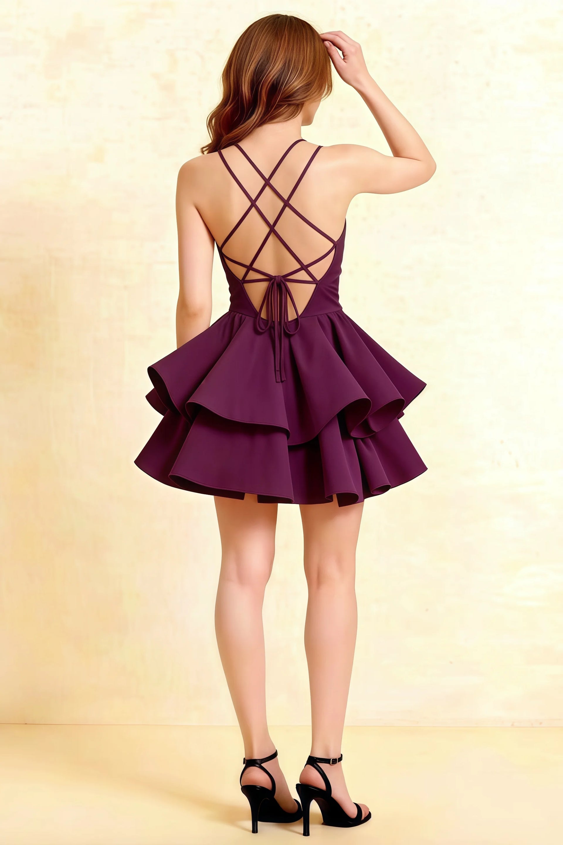 Brenda Grape V Neck Spaghetti Strap Mini Ruffle Dress