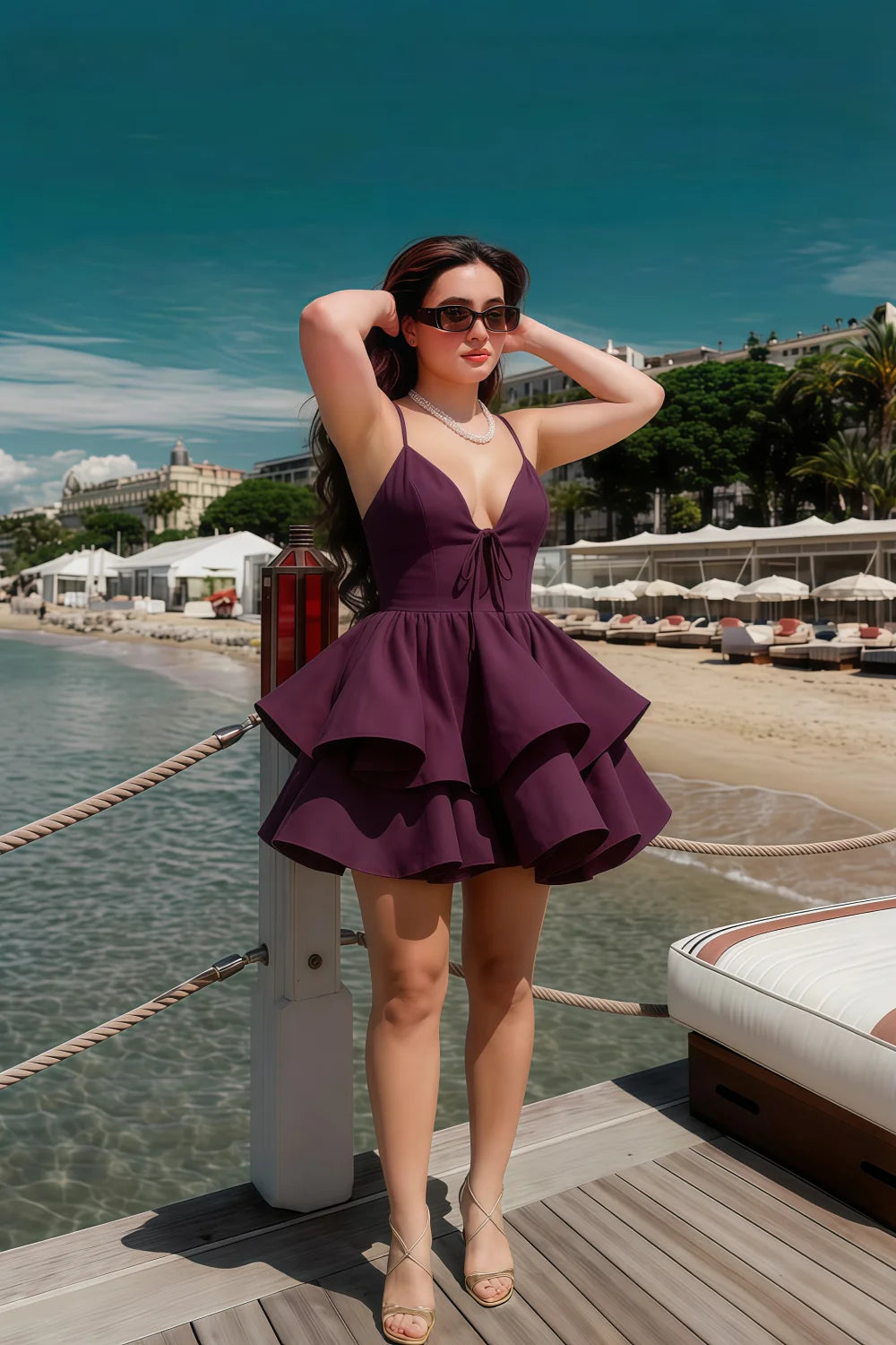 Brenda Grape V Neck Spaghetti Strap Mini Ruffle Dress
