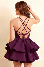 Brenda Grape V Neck Spaghetti Strap Mini Ruffle Dress