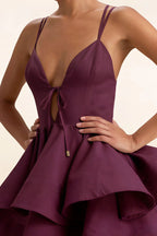 Brenda Grape V Neck Spaghetti Strap Mini Ruffle Dress