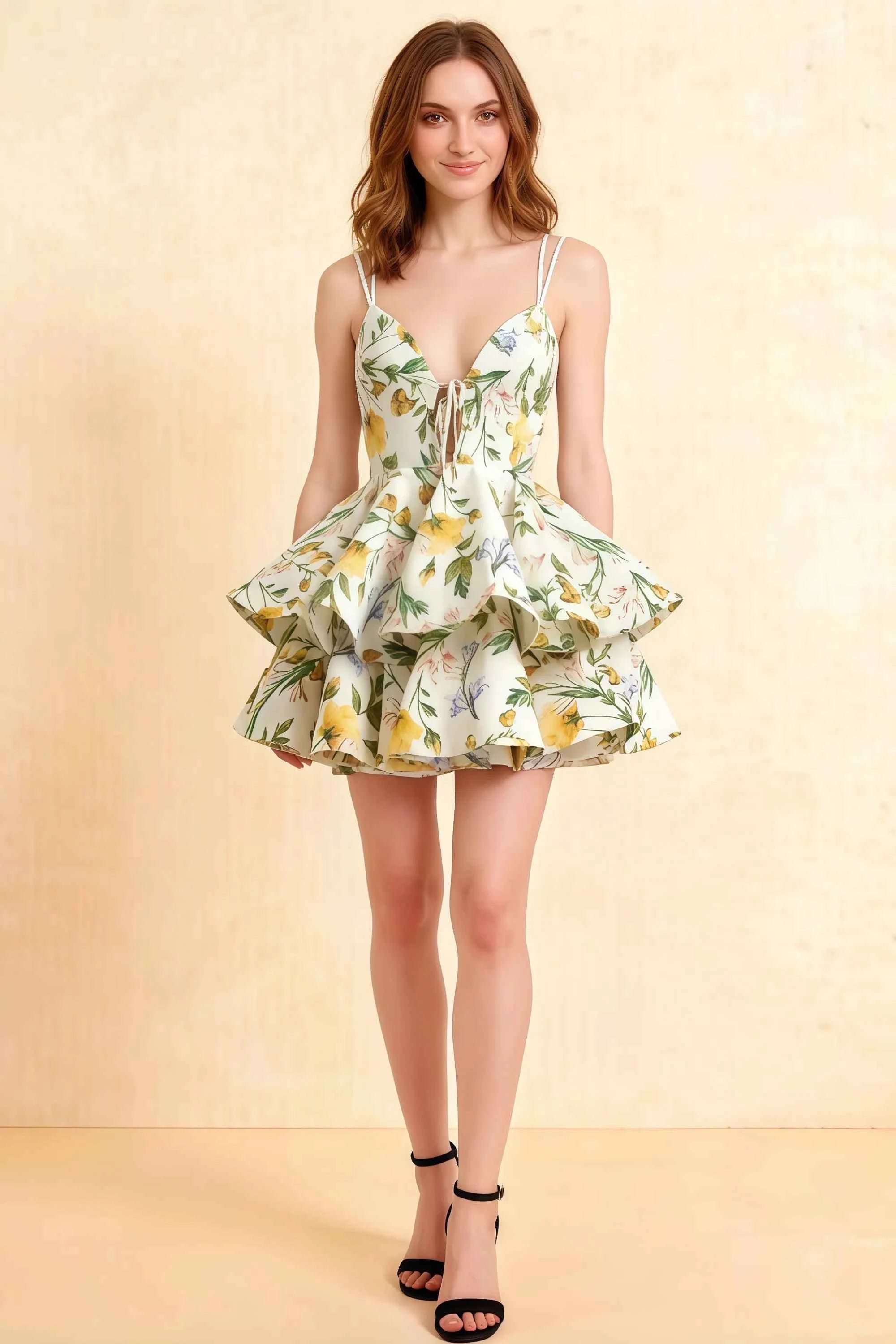 LVLVS Brenda dress in green and white floral linen look fabric, featuring a flattering v neck spaghetti strap and tiered mini ruffle skirt, perfect for summer brunch or cocktail parties. Imagen principal del producto