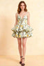 Brenda Green and White Floral V Neck Spaghetti Strap Mini Ruffle Dress