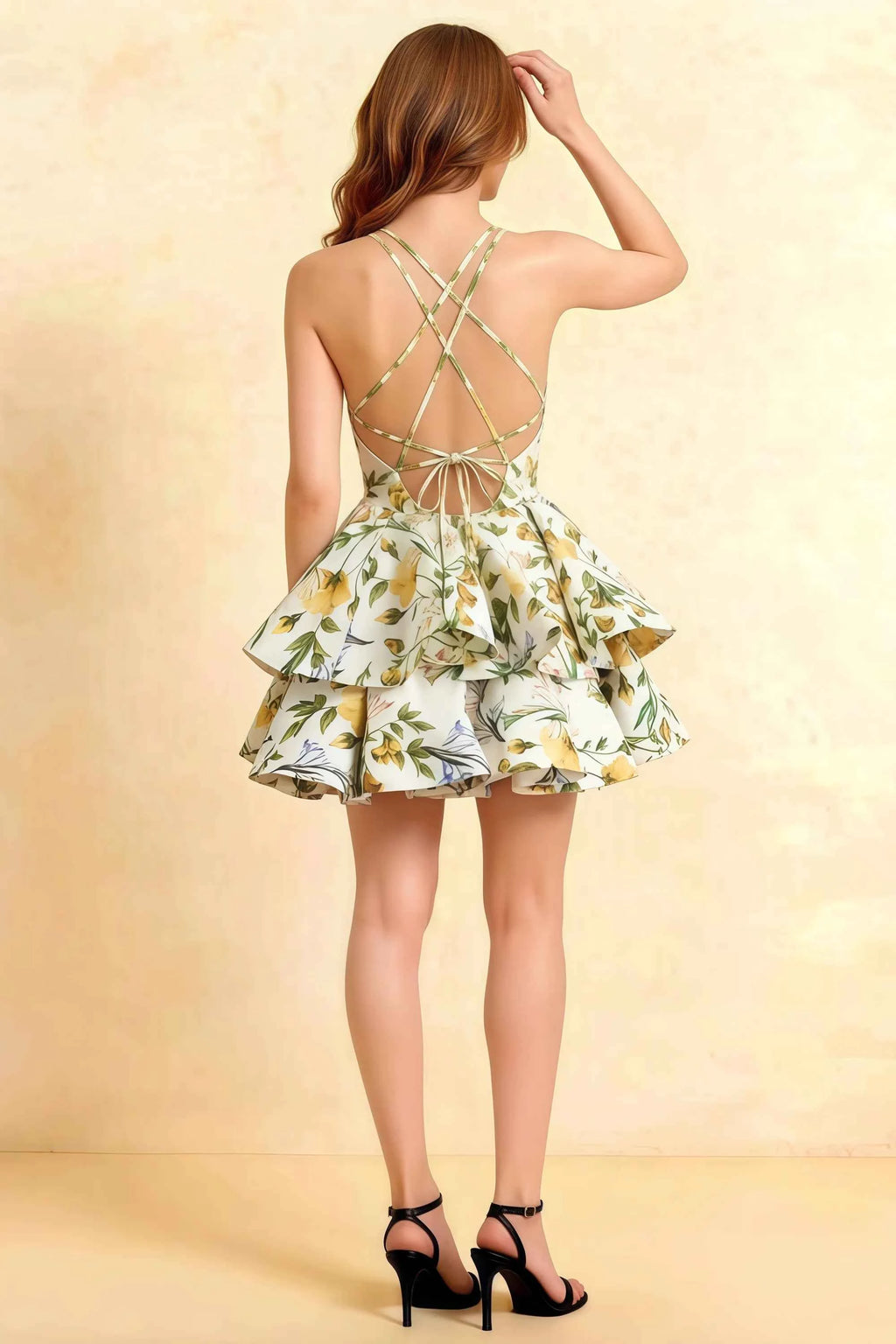 Brenda Green and White Floral V Neck Spaghetti Strap Mini Ruffle Dress
