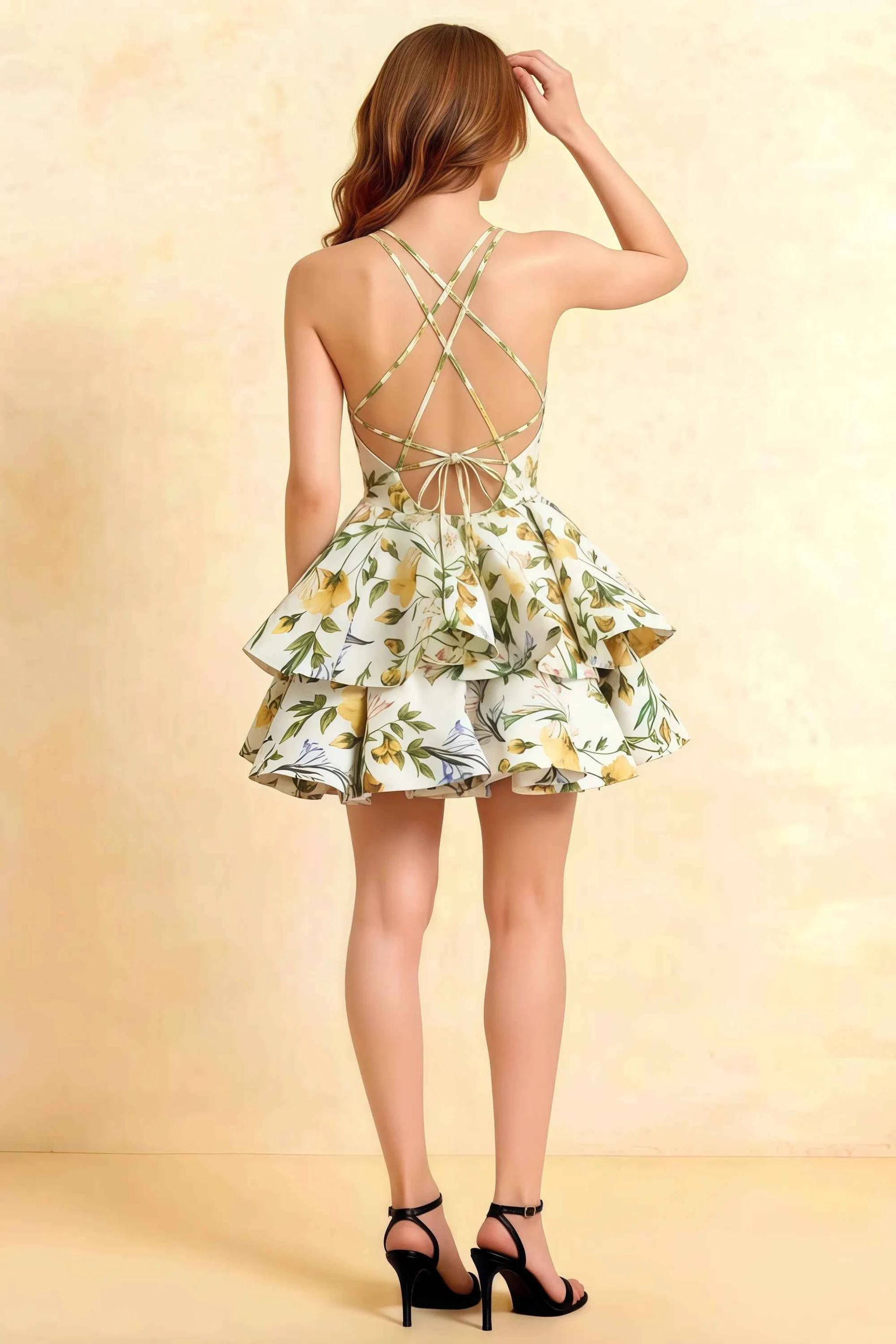 Brenda Green and White Floral V Neck Spaghetti Strap Mini Ruffle Dress