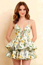 Brenda Green and White Floral V Neck Spaghetti Strap Mini Ruffle Dress