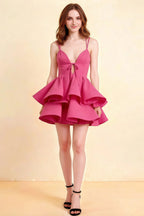 Brenda Hot Pink V Neck Spaghetti Strap Mini Ruffle Dress