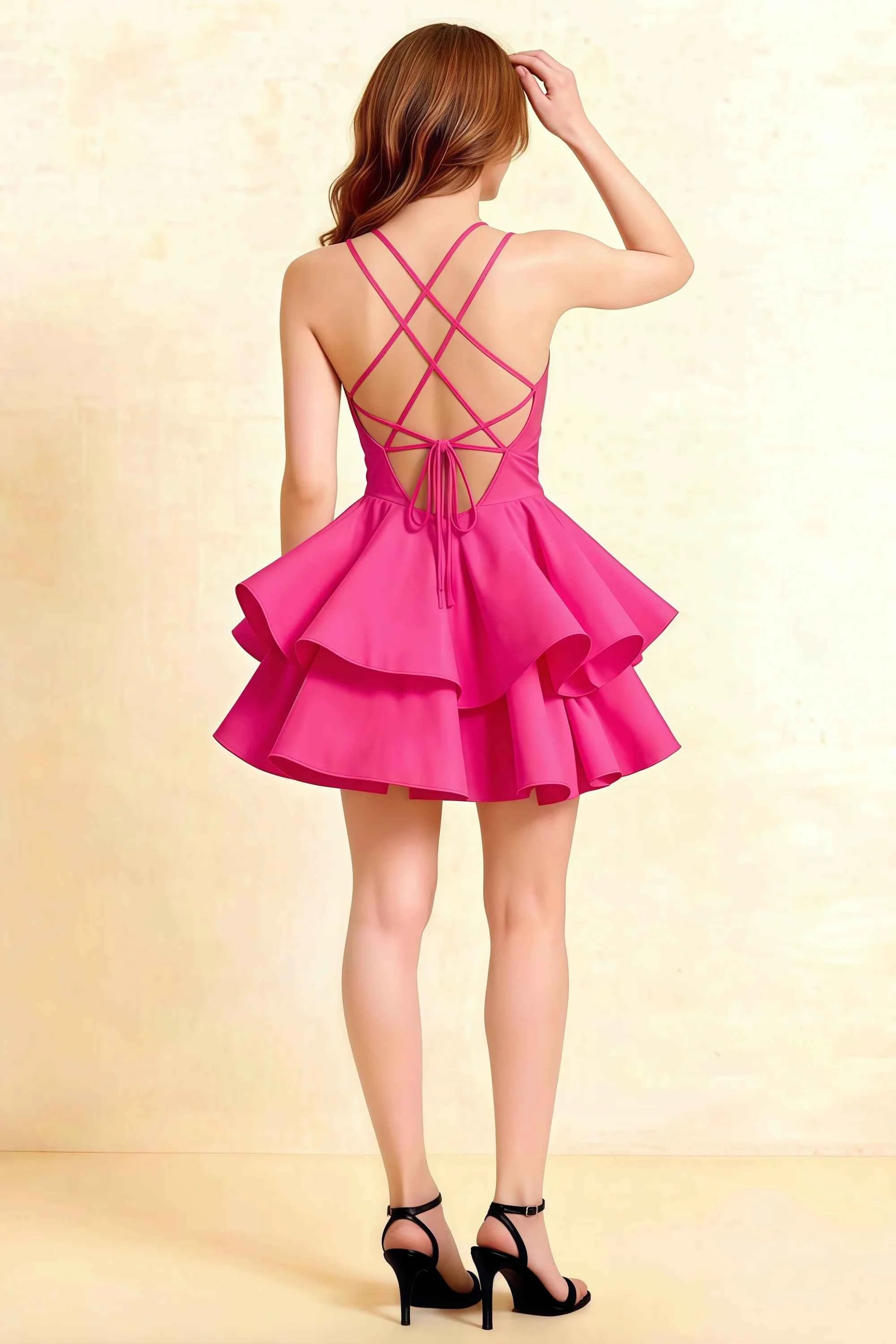 Brenda Hot Pink V Neck Spaghetti Strap Mini Ruffle Dress Secondary image