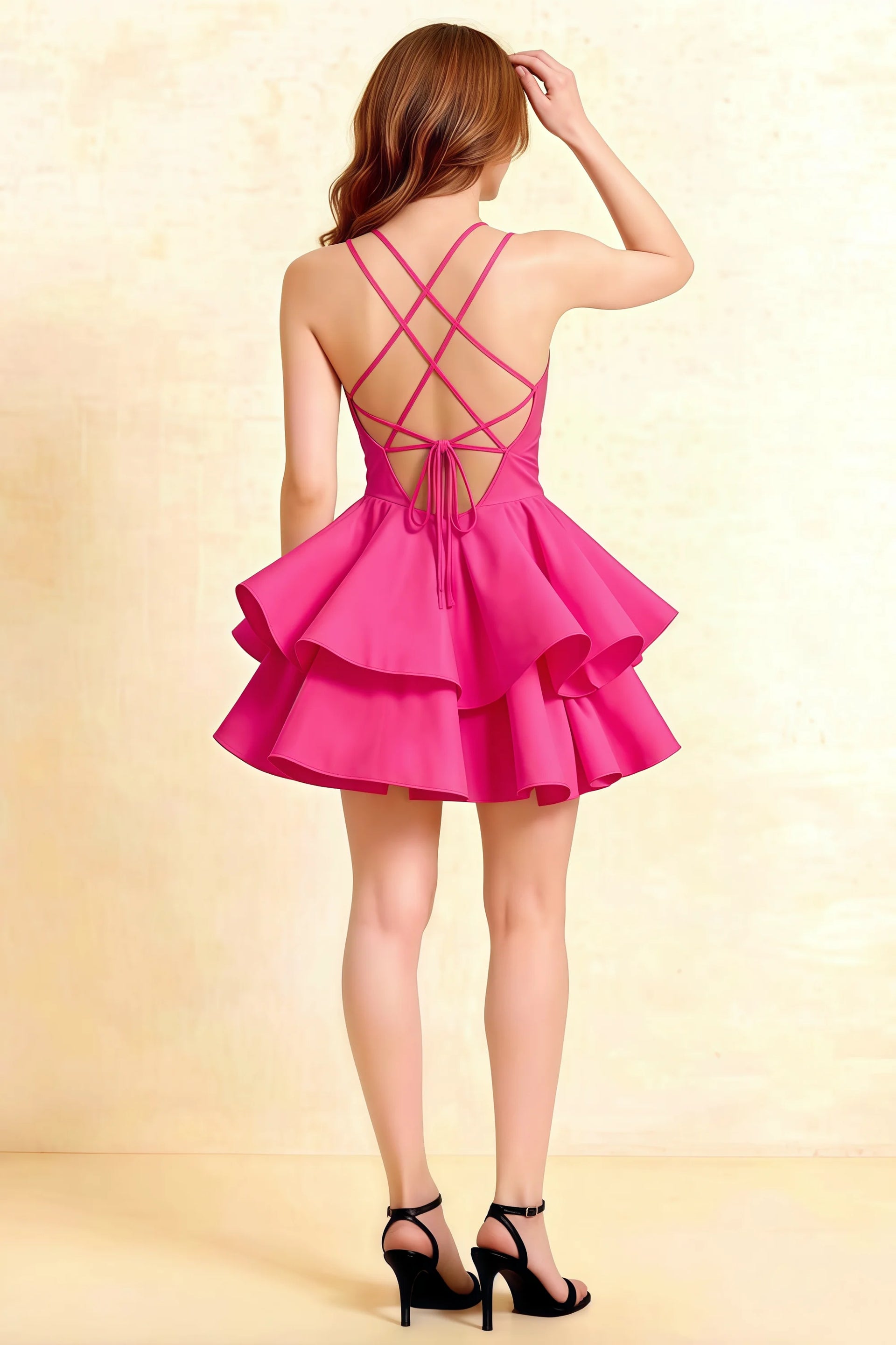 Brenda Hot Pink V Neck Spaghetti Strap Mini Ruffle Dress