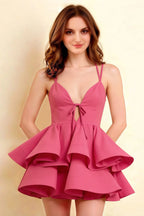 Brenda Hot Pink V Neck Spaghetti Strap Mini Ruffle Dress