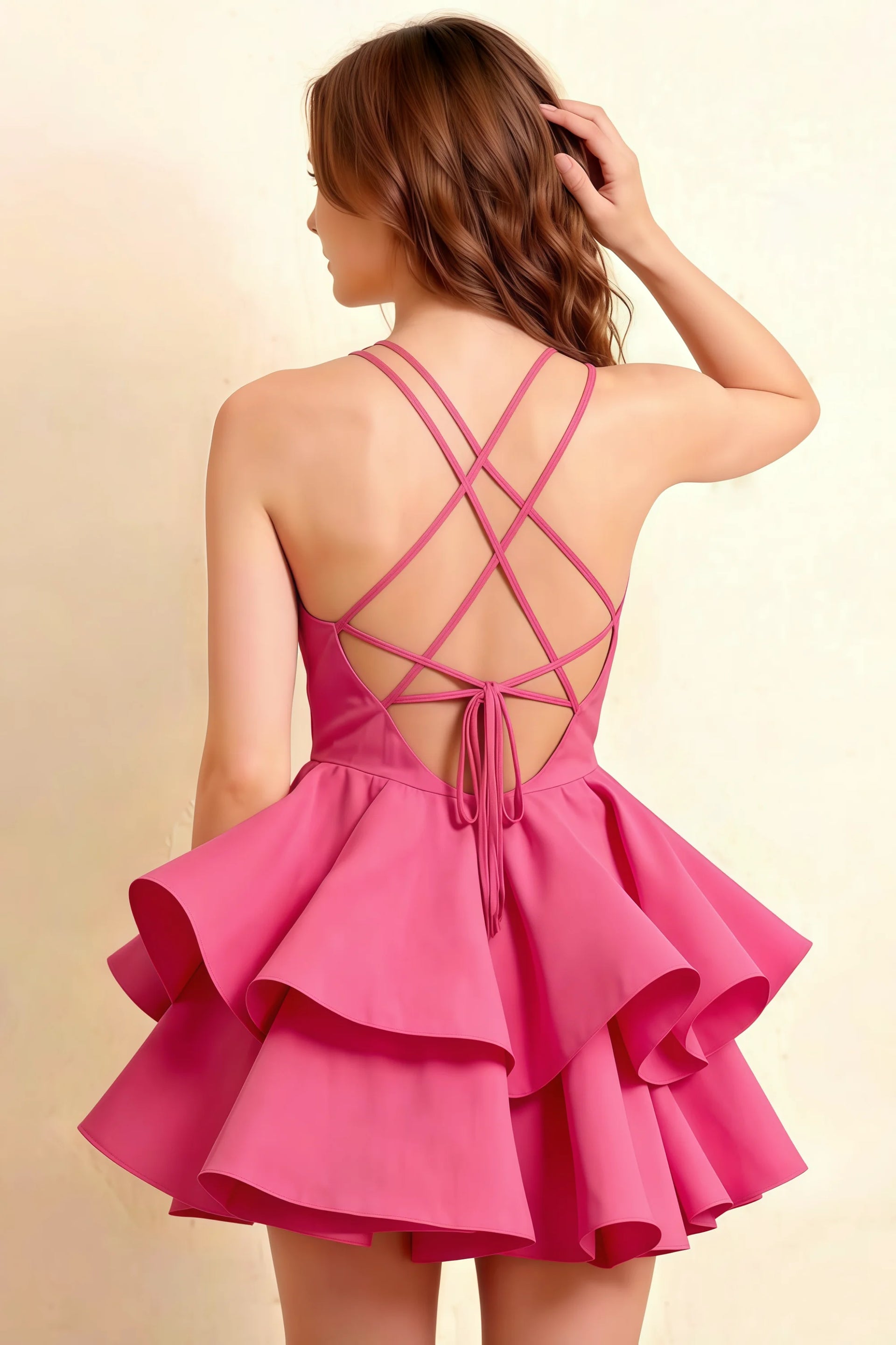 Brenda Hot Pink V Neck Spaghetti Strap Mini Ruffle Dress