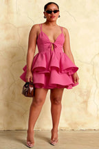 Brenda Hot Pink V Neck Spaghetti Strap Mini Ruffle Dress