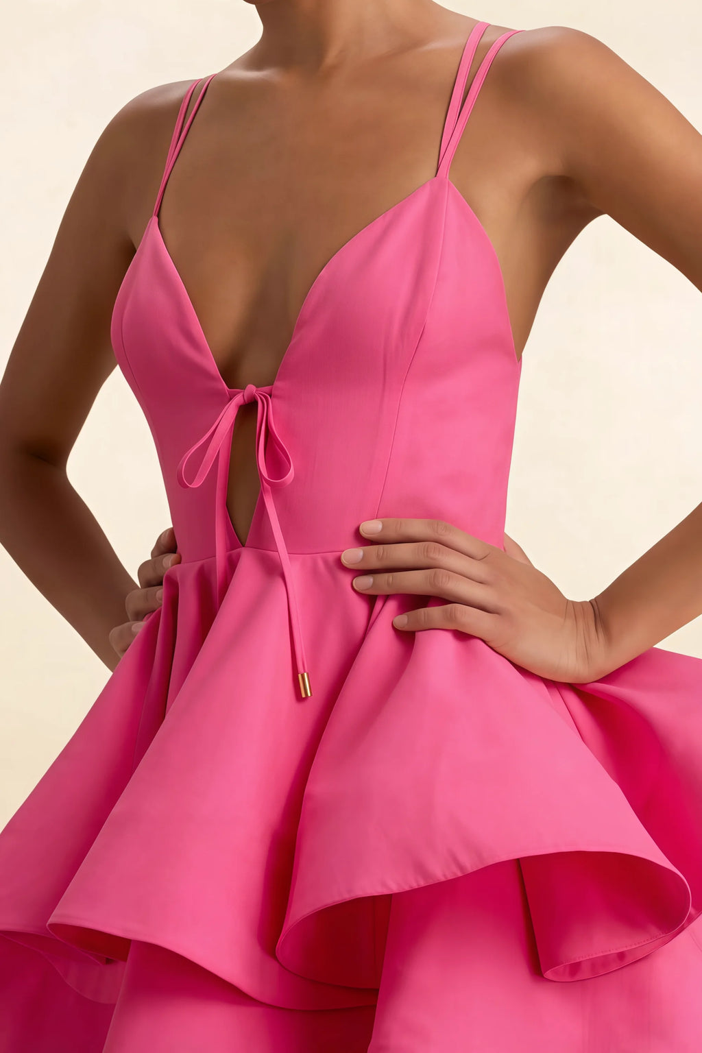 Brenda Hot Pink V Neck Spaghetti Strap Mini Ruffle Dress
