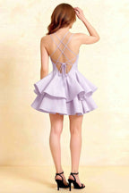 Brenda Lavender V Neck Spaghetti Strap Mini Ruffle Dress