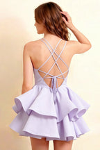 Brenda Lavender V Neck Spaghetti Strap Mini Ruffle Dress