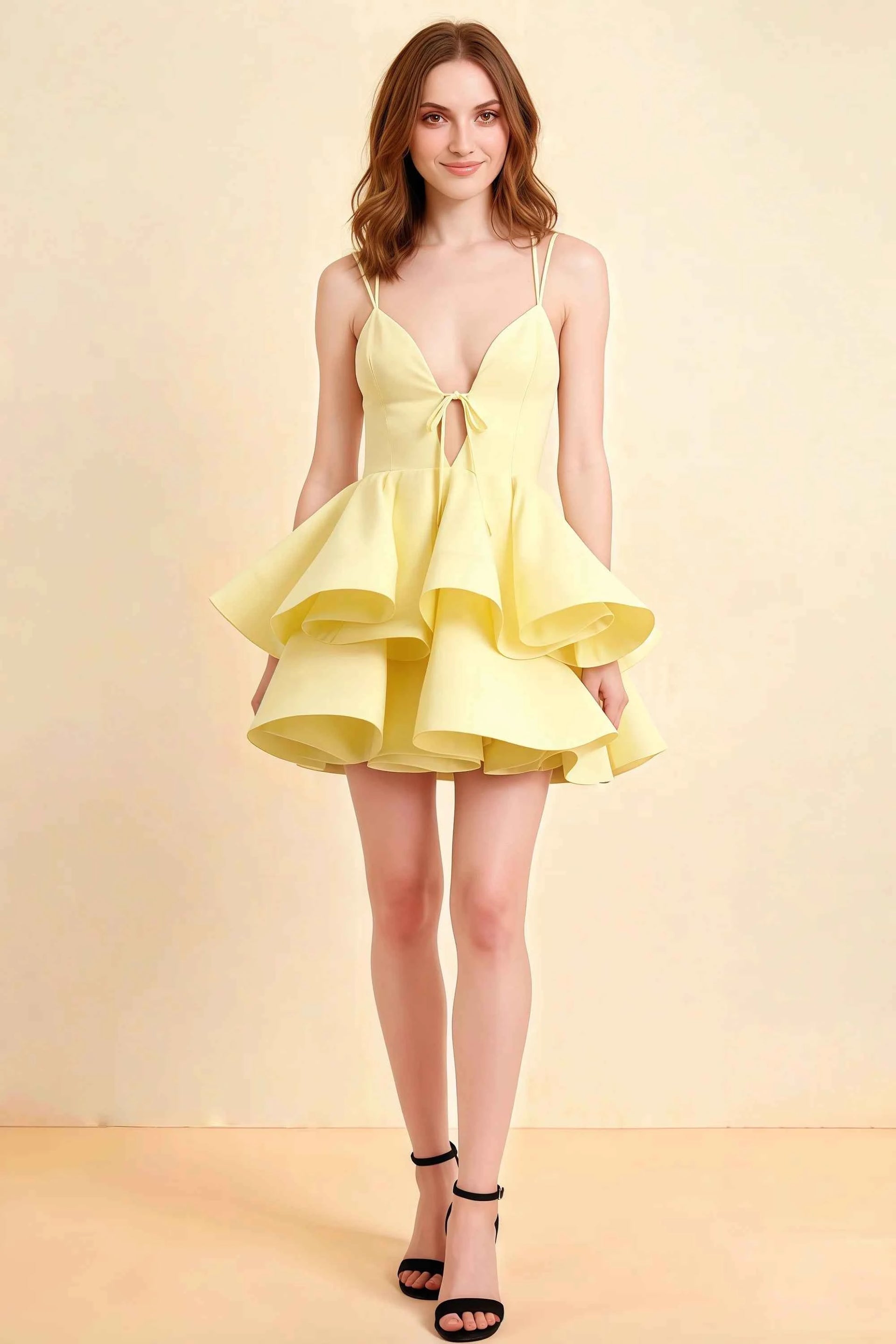 Brenda Lemon V Neck Spaghetti Strap Mini Ruffle Dress