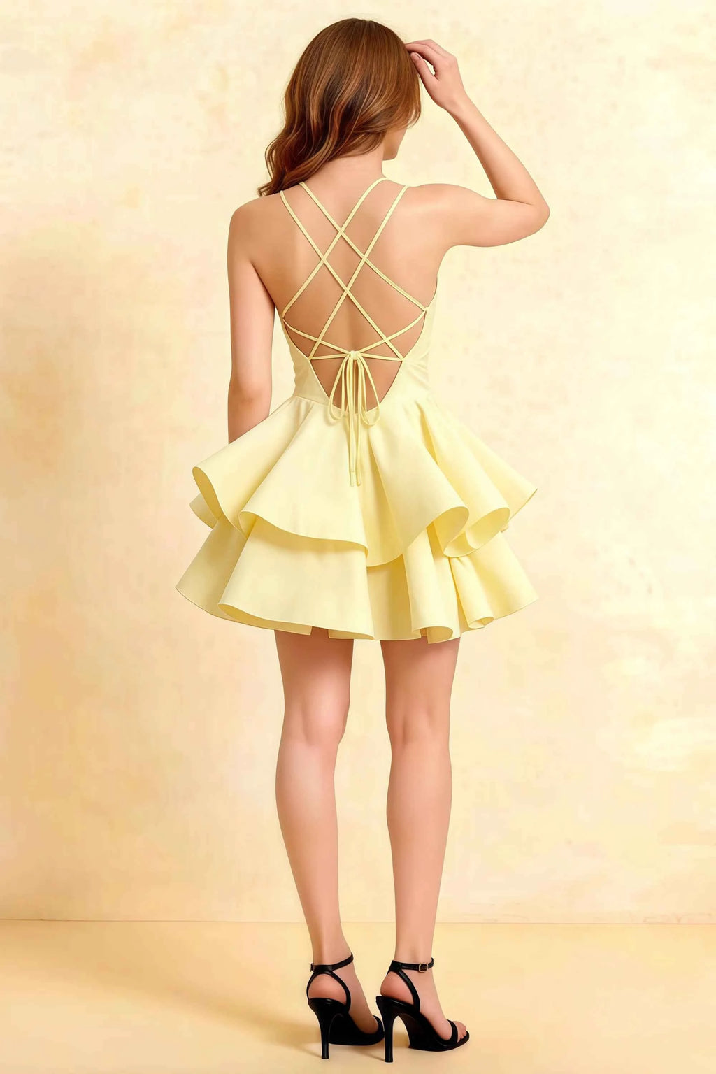 Brenda Lemon V Neck Spaghetti Strap Mini Ruffle Dress