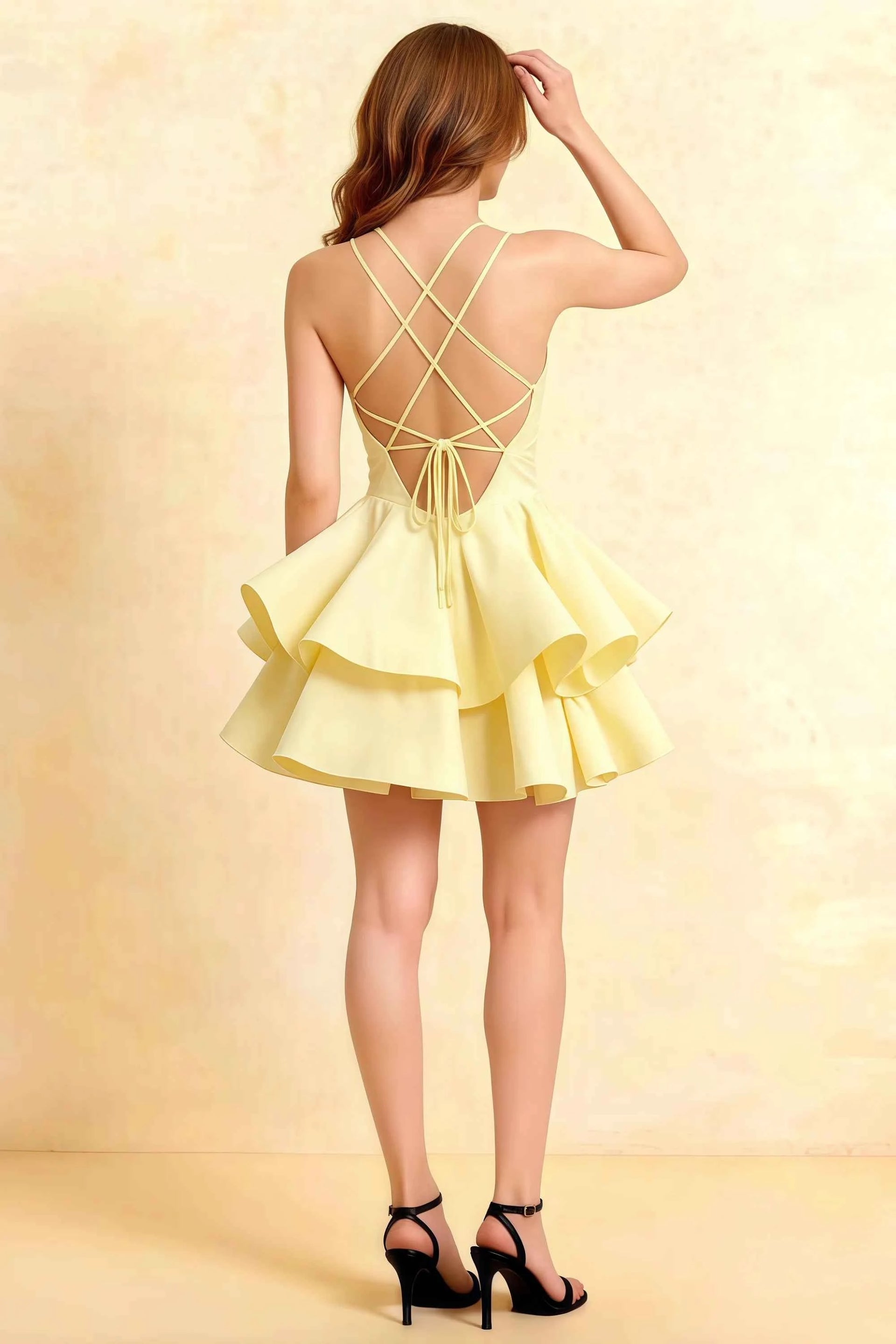 Brenda Lemon V Neck Spaghetti Strap Mini Ruffle Dress