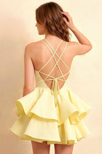 Brenda Lemon V Neck Spaghetti Strap Mini Ruffle Dress