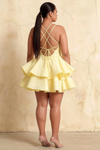Brenda Lemon V Neck Spaghetti Strap Mini Ruffle Dress