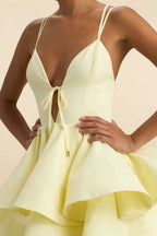 Brenda Lemon V Neck Spaghetti Strap Mini Ruffle Dress