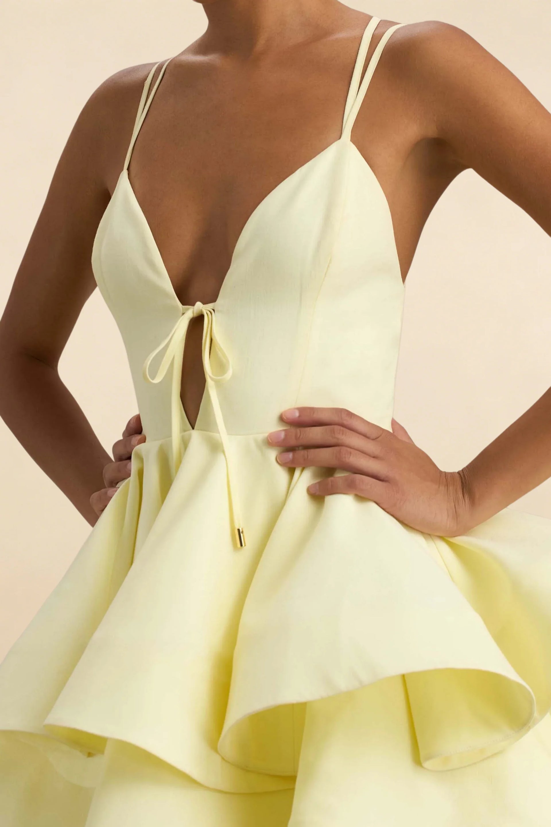 Brenda Lemon V Neck Spaghetti Strap Mini Ruffle Dress