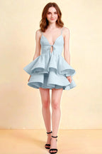 Brenda Light Blue V Neck Spaghetti Strap Mini Ruffle Dress