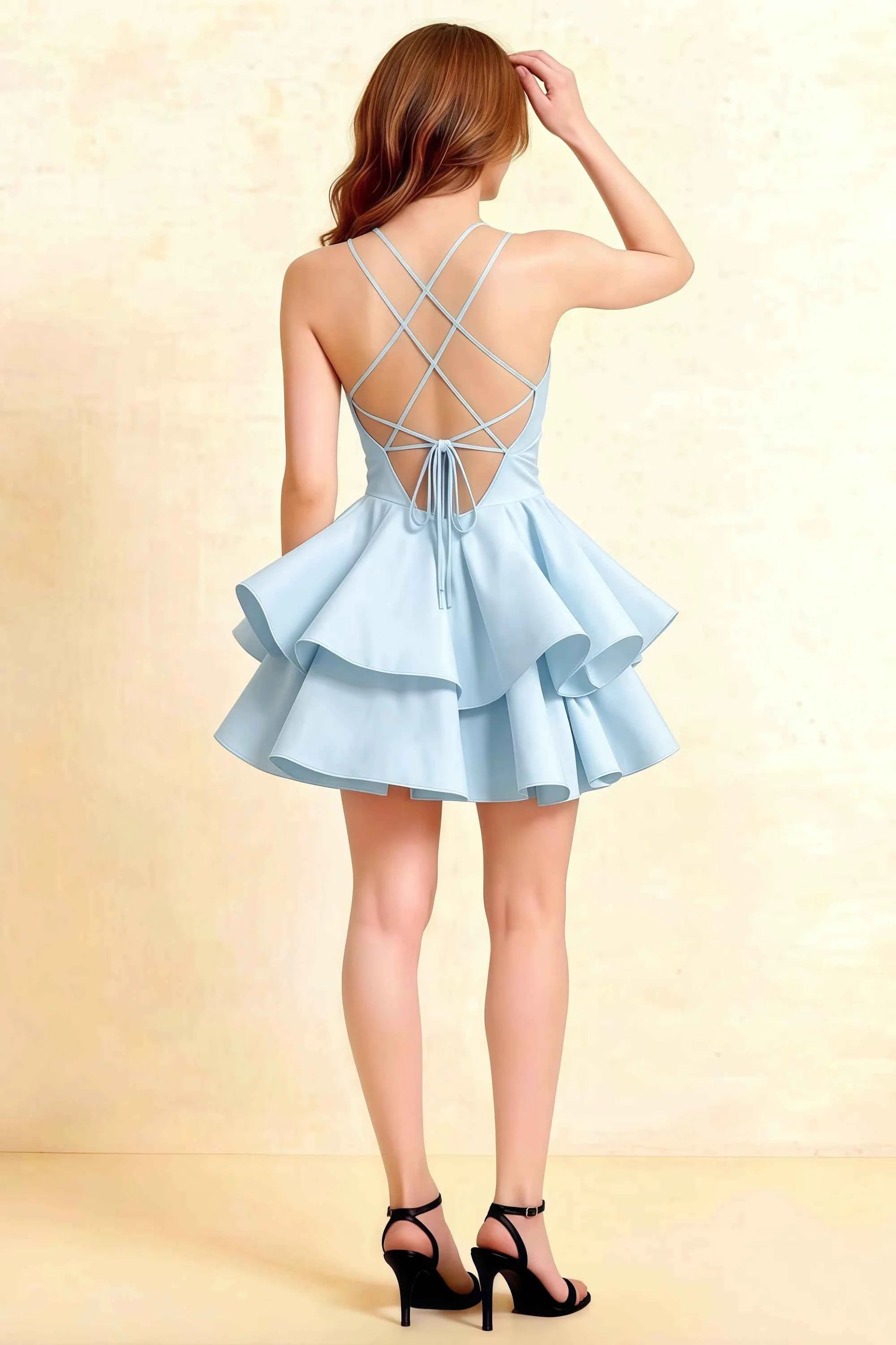Brenda Light Blue V Neck Spaghetti Strap Mini Ruffle Dress Imagen secundaria del producto