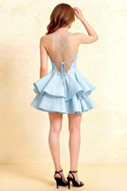 Brenda Light Blue V Neck Spaghetti Strap Mini Ruffle Dress