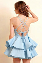Brenda Light Blue V Neck Spaghetti Strap Mini Ruffle Dress