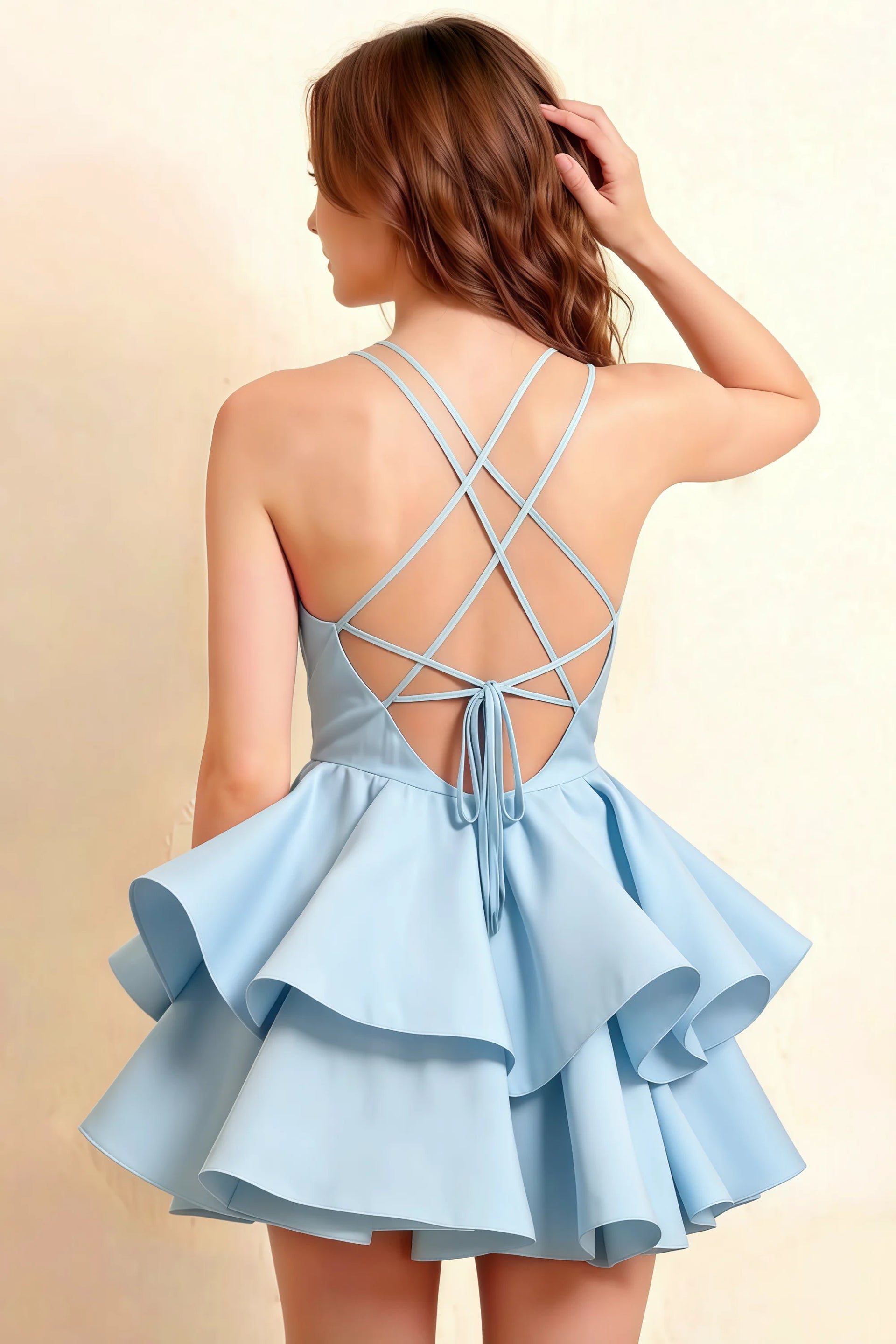Brenda Light Blue V Neck Spaghetti Strap Mini Ruffle Dress