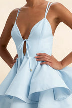 Brenda Light Blue V Neck Spaghetti Strap Mini Ruffle Dress