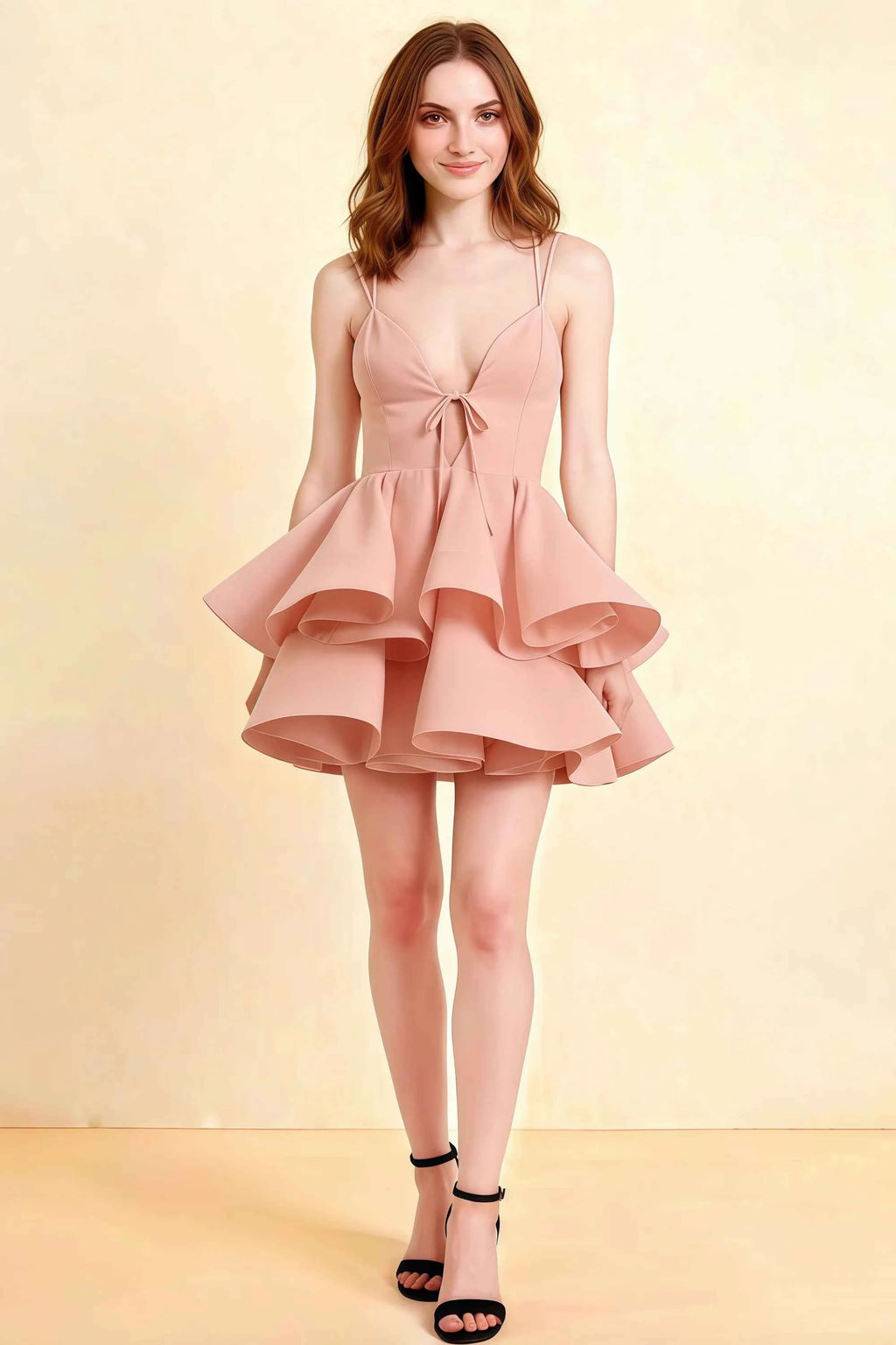 Brenda Light Pink V Neck Spaghetti Strap Mini Ruffle Dress