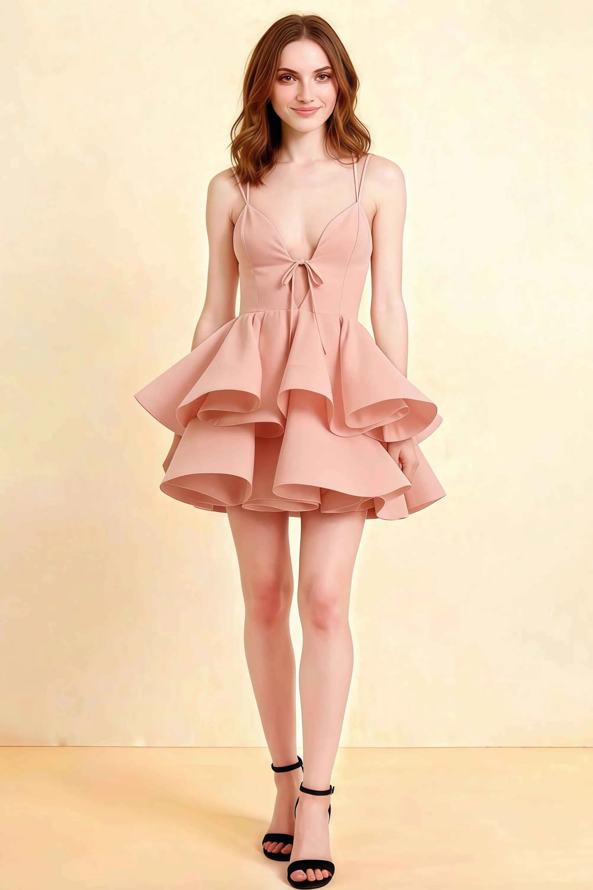 LVLVS Brenda Dress Light Pink linen look v neck spaghetti strap mini ruffle dress for Cocktail Party Classy Casual Brunch Main image