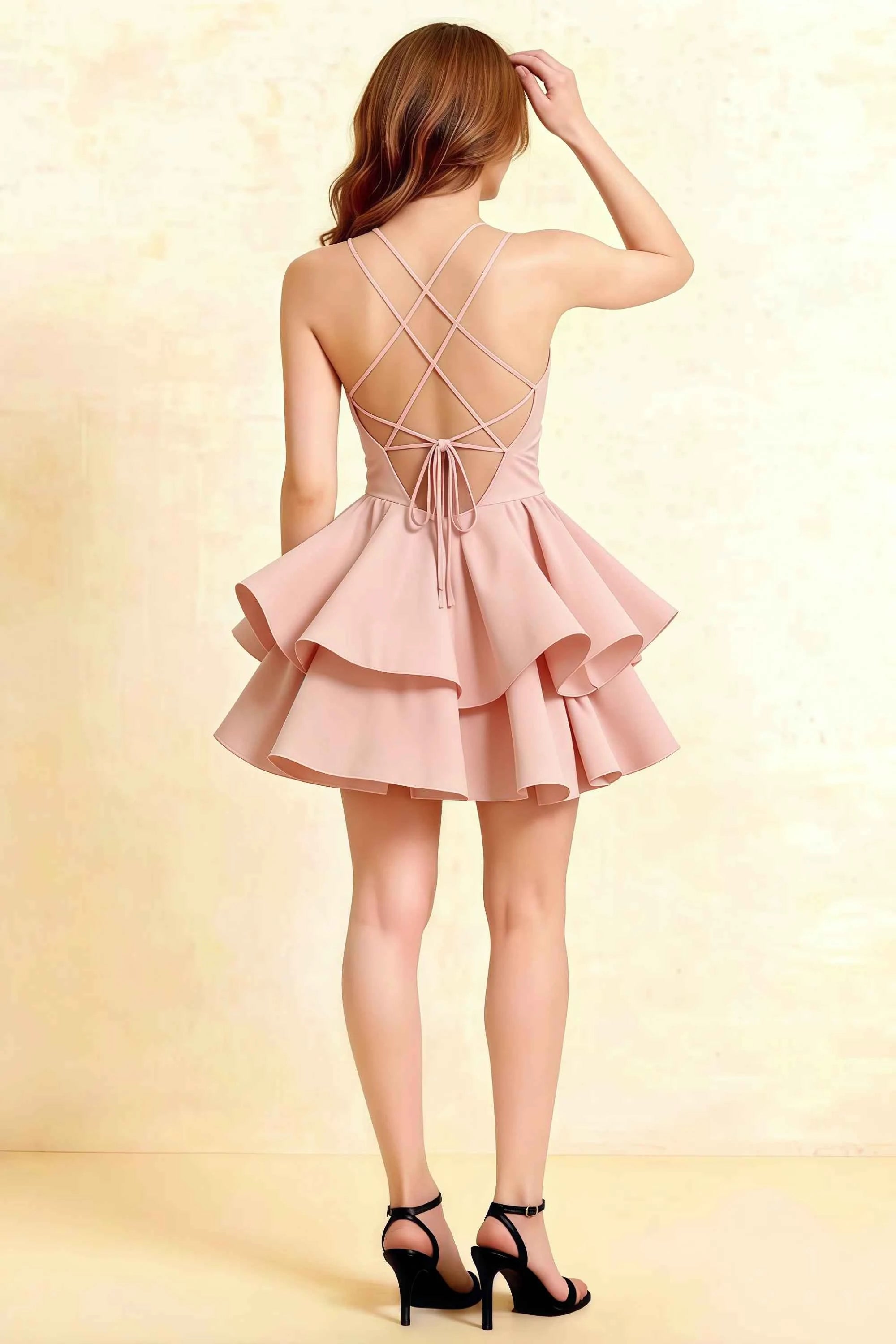 Brenda Light Pink V Neck Spaghetti Strap Mini Ruffle Dress Secondary image