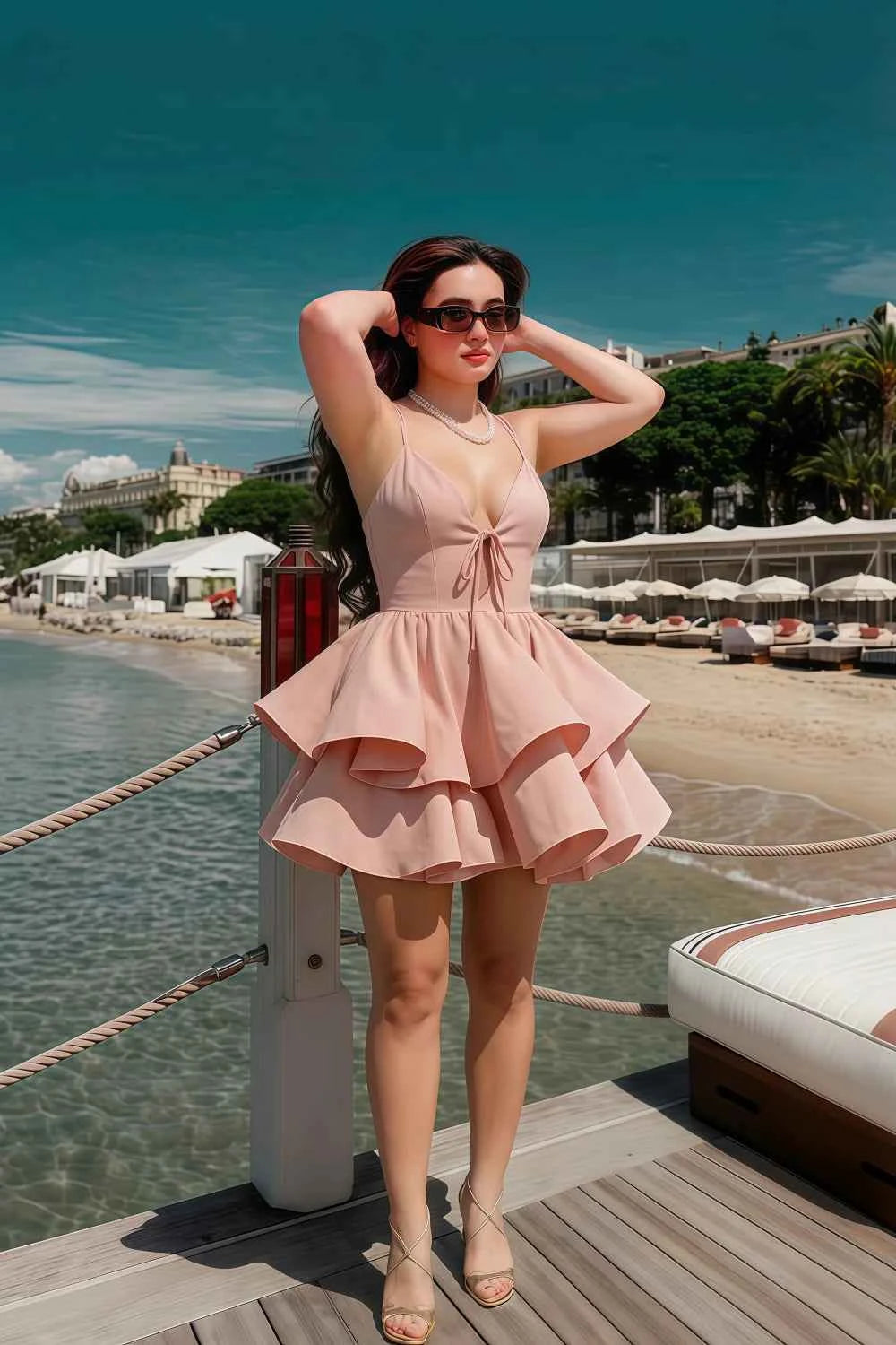 Brenda Light Pink V Neck Spaghetti Strap Mini Ruffle Dress