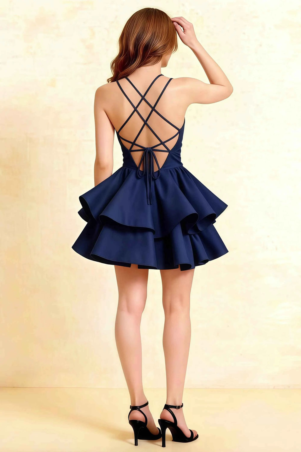 Brenda Navy V Neck Spaghetti Strap Mini Ruffle Dress