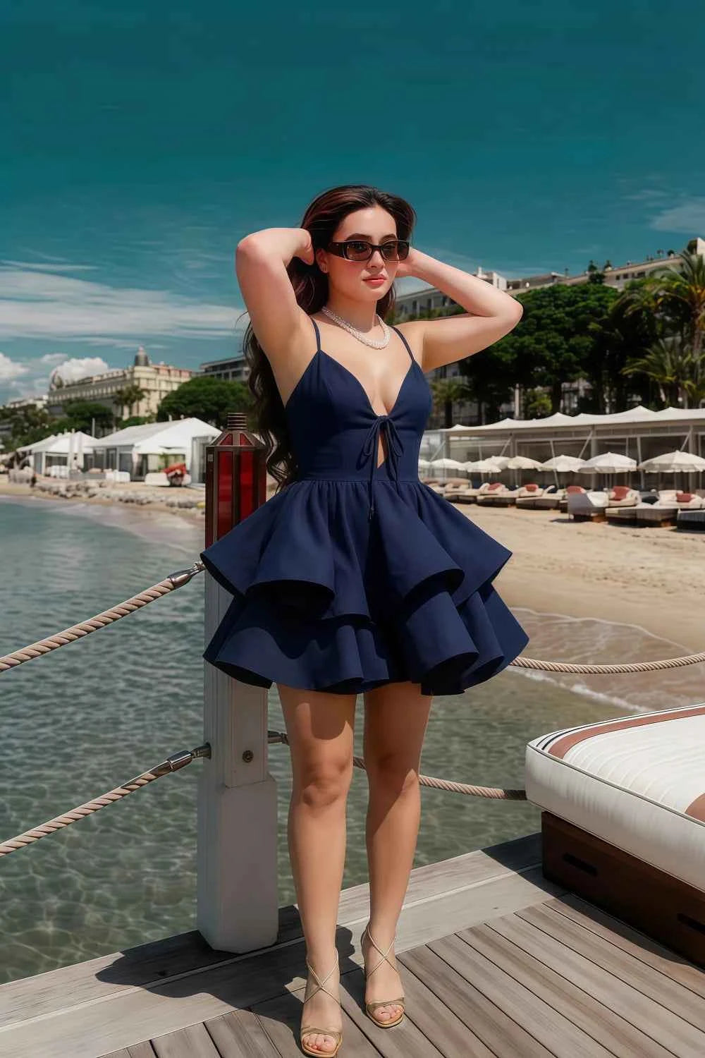 Brenda Navy V Neck Spaghetti Strap Mini Ruffle Dress