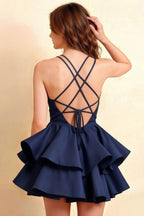 Brenda Navy V Neck Spaghetti Strap Mini Ruffle Dress