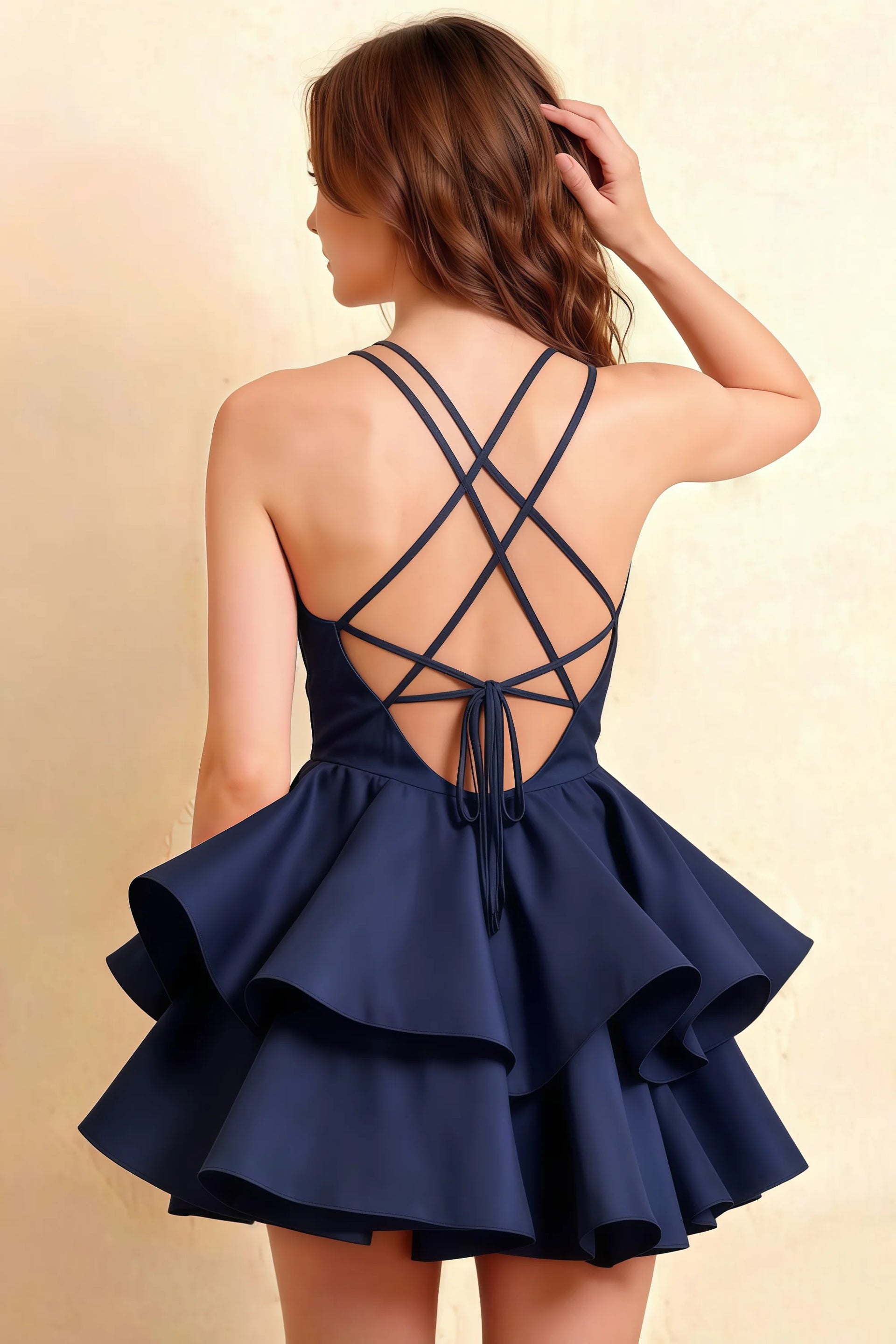 Brenda Navy V Neck Spaghetti Strap Mini Ruffle Dress